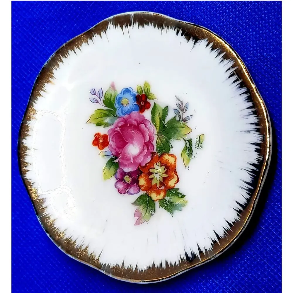 VNTG Japan Mini Porcelain Tea Cup Saucer Gold Trim Footed Base Vibrant Florals